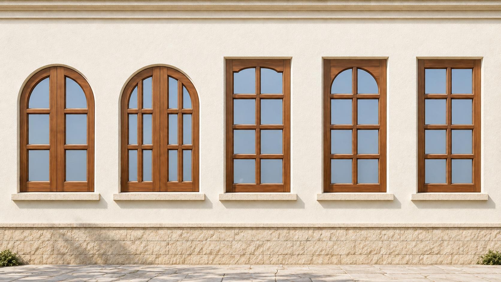 NKH wooden window designs including arched and rectangular glazed frames